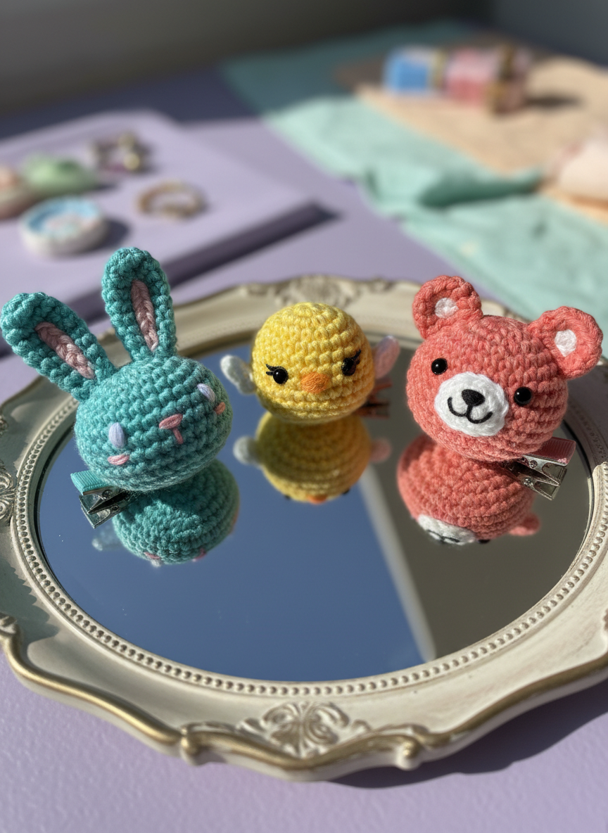 A set of crochet animal-themed hair clips, including a turquoise bunny, sunshine-yellow chick, and coral bear, each with whimsical embroidered faces and rounded ears, lined up on a curved mirror tray. The mirrored surface playfully reflects the vibrant colors and round shapes, amplifying their cheerful presence. Bold midday sunlight from the side creates sharp, lively highlights and playful reflections, while the background displays an out-of-focus spectrum of pastel accessories. The composition uses asymmetrical balance with a slight low-angle perspective, producing an energetic, joyful, and photographic image that emphasizes the creative uniqueness of the hair clips.