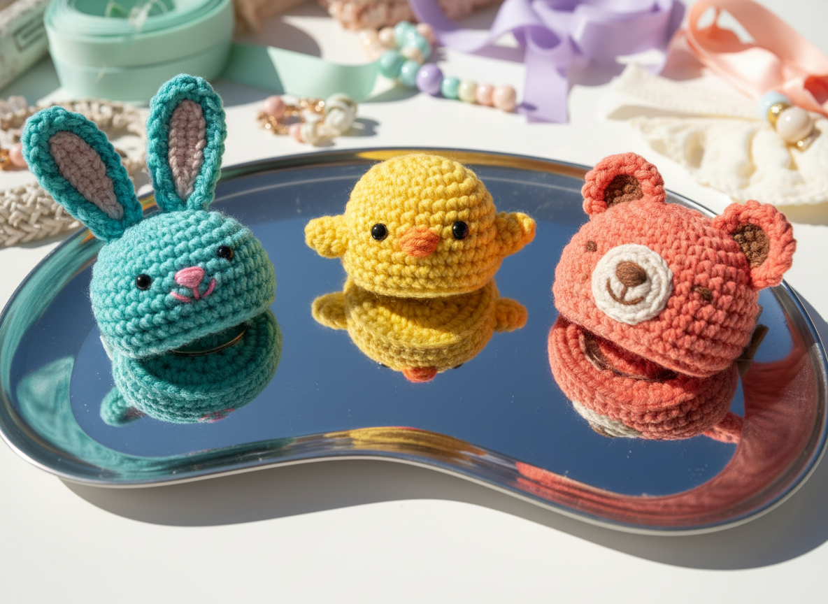 A set of crochet animal-themed hair clips, including a turquoise bunny, sunshine-yellow chick, and coral bear, each with whimsical embroidered faces and rounded ears, lined up on a curved mirror tray. The mirrored surface playfully reflects the vibrant colors and round shapes, amplifying their cheerful presence. Bold midday sunlight from the side creates sharp, lively highlights and playful reflections, while the background displays an out-of-focus spectrum of pastel accessories. The composition uses asymmetrical balance with a slight low-angle perspective, producing an energetic, joyful, and photographic image that emphasizes the creative uniqueness of the hair clips.