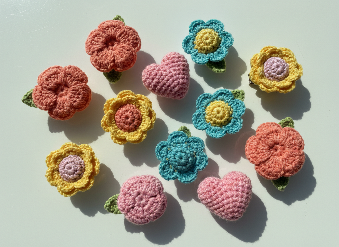 A vibrant collection of handmade crochet hair clips, each featuring playful floral and heart-shaped motifs in vivid colors like coral, turquoise, sunflower yellow, and bubblegum pink. The clips’ soft yarn texture and intricate stitching are showcased in crisp detail, with the rounded forms casting gentle shadows on a glossy white tabletop. Bright, natural morning sunlight streams from a nearby window, creating energetic reflections and pops of color across the scene. The composition is arranged in a lively, scattered pattern, shot from a slightly elevated angle for an inviting, dynamic look. The effect is whimsical, cheerful, and photographic—perfectly capturing the site's playful, handcrafted spirit.