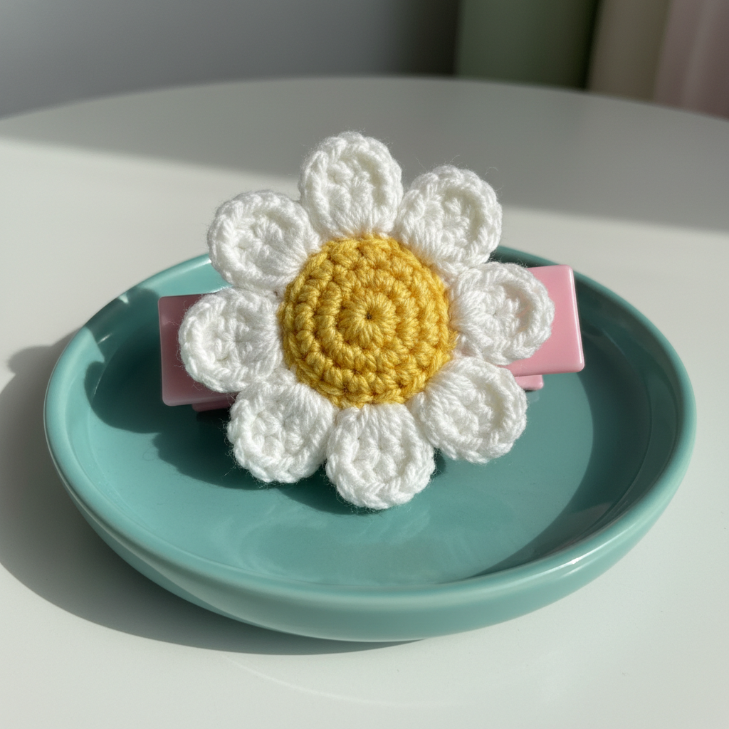 An up-close image of a single oversized crochet daisy hair clip, crafted with creamy white petals and a sunny yellow center, secured to a slick pastel pink acrylic clip. The subject is set atop a round teal ceramic dish with a glossy finish, placed on a white surface. Soft, diffused daylight illuminates the plush texture of the yarn and the gentle curves of the flower, casting minimal shadows and enhancing the clip’s whimsical beauty. Shot from eye level with a centered composition and shallow depth of field, the background blurs softly to keep focus on the playful crafted detail, delivering a bright, modern, and energetic mood.