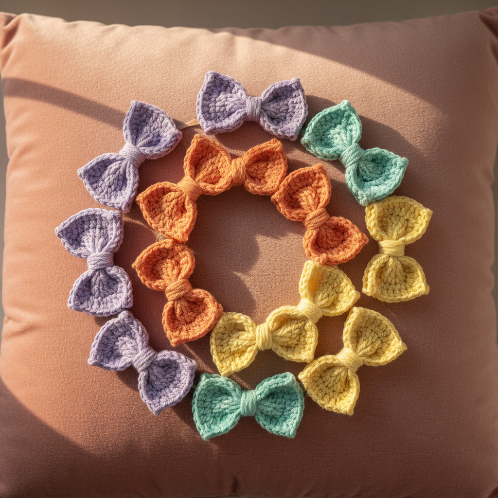 A color-coordinated display of handmade crochet bow hair clips in playful hues—lavender, mint, tangerine, and lemon—arranged in a spiraling pattern atop a plush, blush-pink velvet cushion. The tactile softness of the yarn and the cushion’s gentle nap are captured in crisp photographic realism. Warm window light spills from the left, creating bright highlights and subtle, cozy shadows. The image is shot from directly overhead, resulting in a mesmerizing, energetic composition with a fun, playful mood. This detailed arrangement subtly nods to the site’s theme of style and creativity for girls.