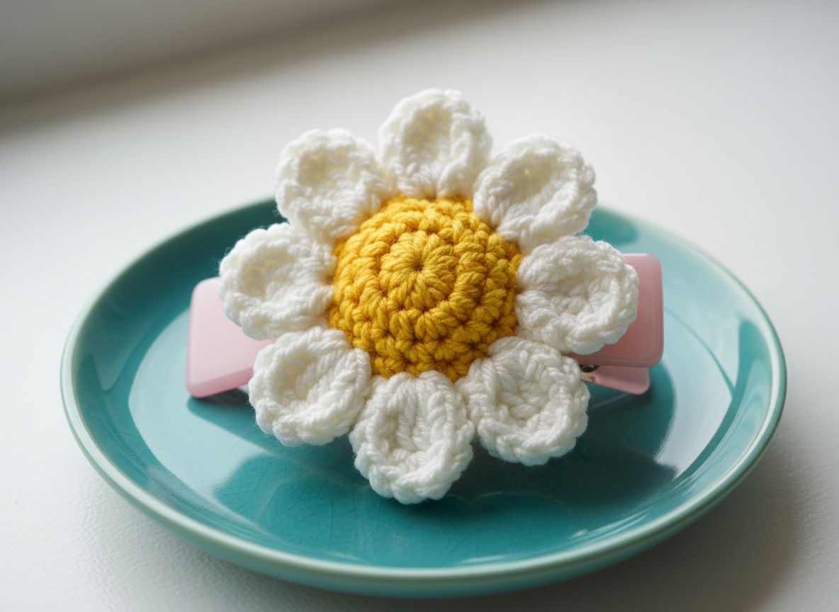 An up-close image of a single oversized crochet daisy hair clip, crafted with creamy white petals and a sunny yellow center, secured to a slick pastel pink acrylic clip. The subject is set atop a round teal ceramic dish with a glossy finish, placed on a white surface. Soft, diffused daylight illuminates the plush texture of the yarn and the gentle curves of the flower, casting minimal shadows and enhancing the clip’s whimsical beauty. Shot from eye level with a centered composition and shallow depth of field, the background blurs softly to keep focus on the playful crafted detail, delivering a bright, modern, and energetic mood.