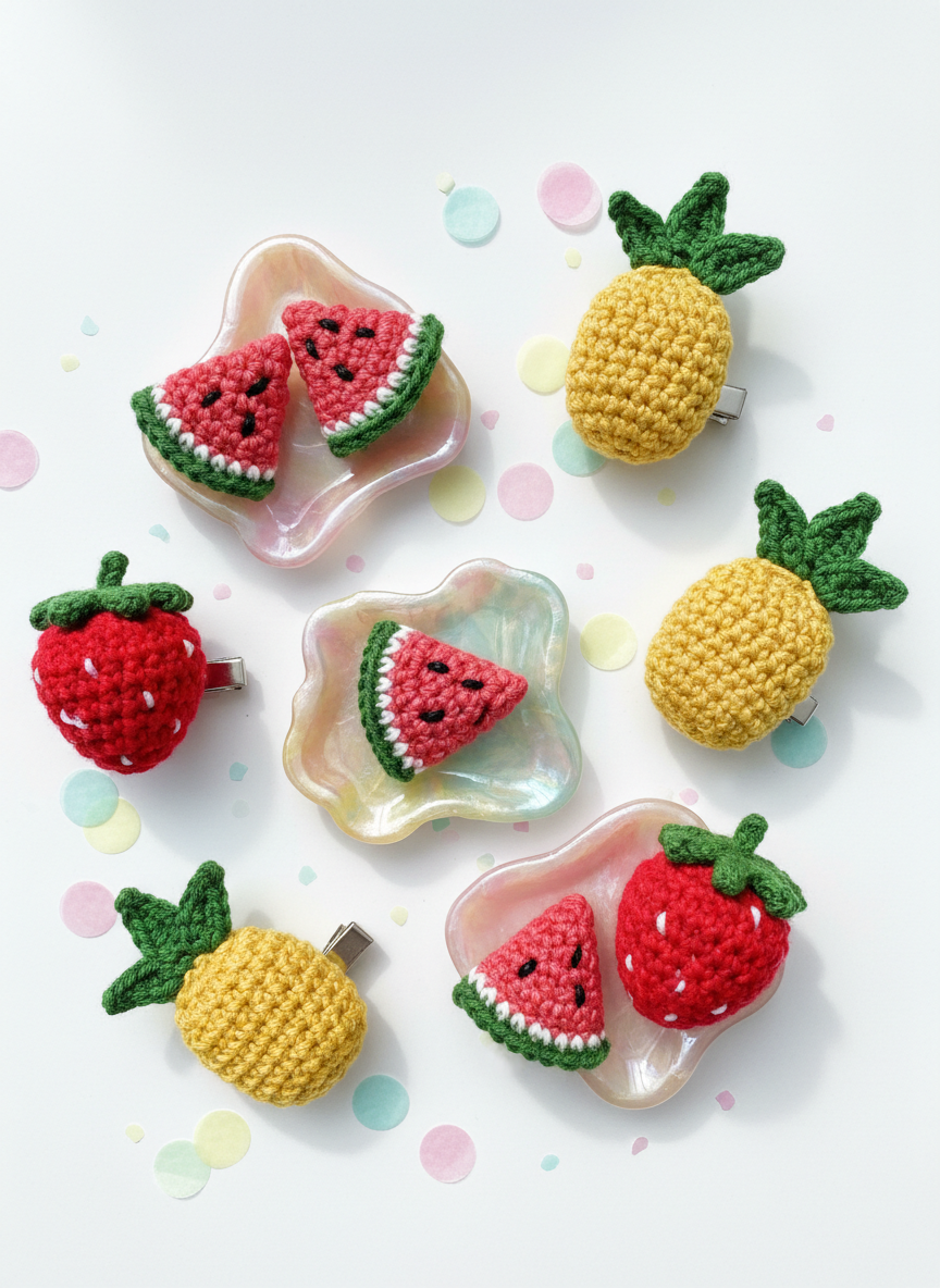 A whimsical flat lay of various miniature crochet fruit hair clips—strawberries, watermelons, and pineapples—with vibrant, high-saturation yarn, placed amidst pastel confetti paper and glossy resin trinket dishes on a white background. Diffused midday daylight ensures even exposure, making each clip’s rounded shape and hand-crocheted textures pop. Shot with sharp focus throughout from a bird’s-eye view, the image is lively and energetic, with a playful, colorful mood. The composition suggests lighthearted fun and makes the site’s handmade accessories feel irresistible and fresh.